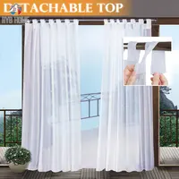 RYB HOME Outdoor Curtain for Patio Detachable Sticky Tab Top for Easy Hanging Waterproof Outside Porch White Sheer with a Rope
