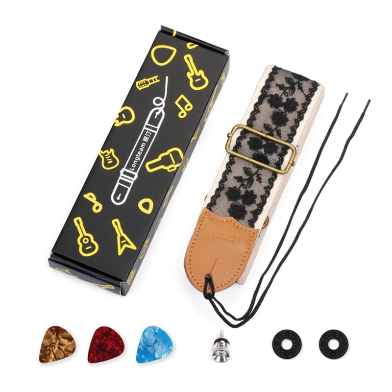 

Adjustable Guitar Strap Black Lace Nylon Shoulder Strap Leathers Ends Guitar Straps for Bass, Electric & Acoustic Guitar
