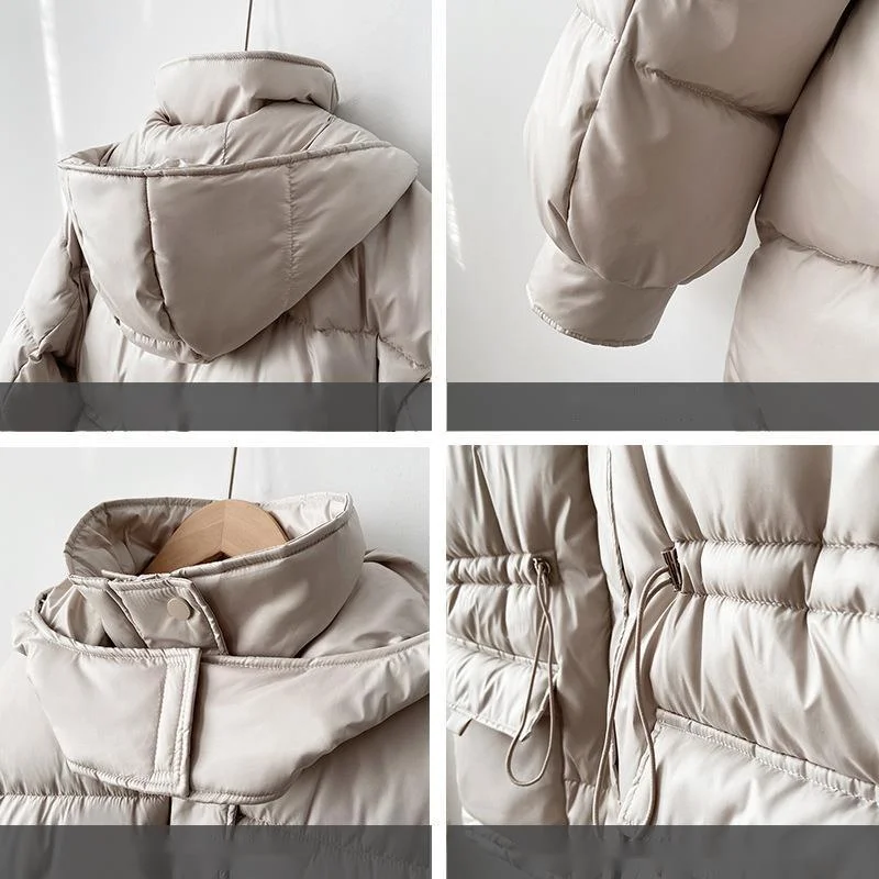 2022 Winter New Down Cotton Coat Loose Pocket Long Sleeve Warm Women Parkas Drawstring Waist Hooded Thicken Windproof Jacket Top