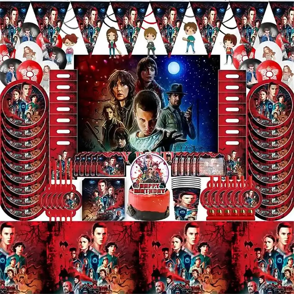 

Stranger Things Theme Birthday Party Decoration Tableware Balloon Banner Supplies Cake Toppers for Baby Shower Kids Toy Globos