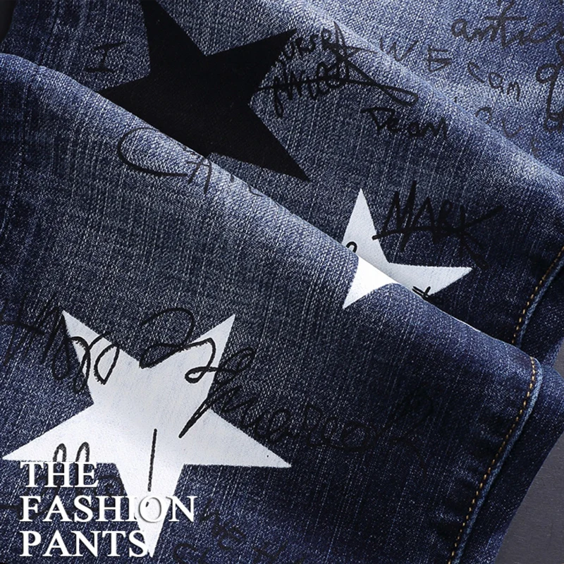 Street Fashion Men Jeans Retro Blue Elastic Printed Skinny Ripped Jeans Men Stars Painted Designer Hip Hip Brand Pants Hombre