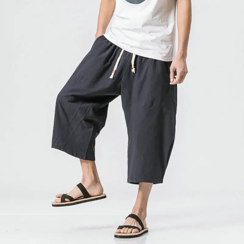2021 Man Cotton Linen Wild Leg Pants Casual Loose Calf-Length Pants Man Bloomers Summer Baggy Male Traditional Pants Trousers