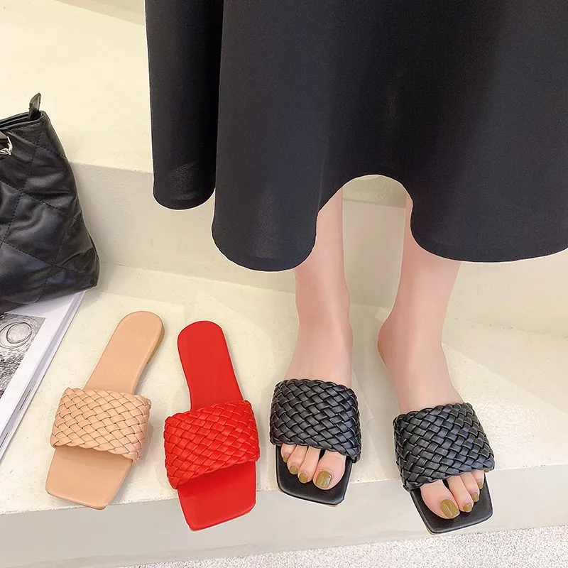 Women's Slippers PU Flat Slides Summer Shoes Women Fashion Gingham Square Toe Slip-On Slippers Beach Sandals Casual Ladies Shoes