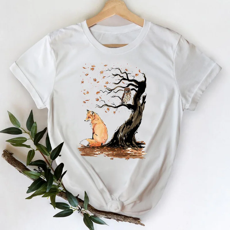 

T-shirts for Women 2021 Cartoon Fox Watercolor 90s Printing Spring Summer Top Lady Print Graphic Tshirt Female Tee T-Shirt