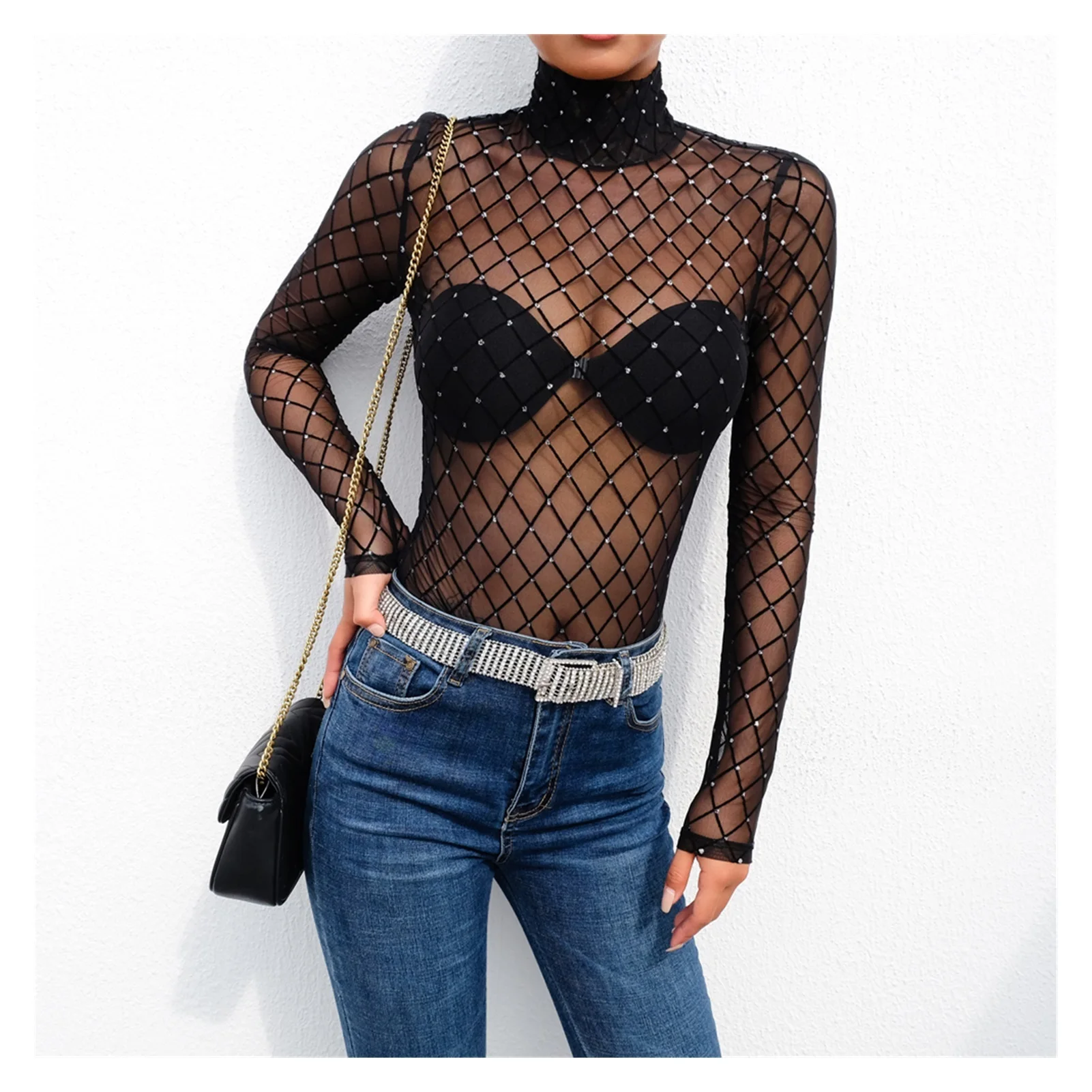 

2022NEW Crystal Fishnet Sexy Bodysuit Tops Women Mesh Sheer See Through Long Sleeve Bodycon Bodysuits Summer Club Body Top