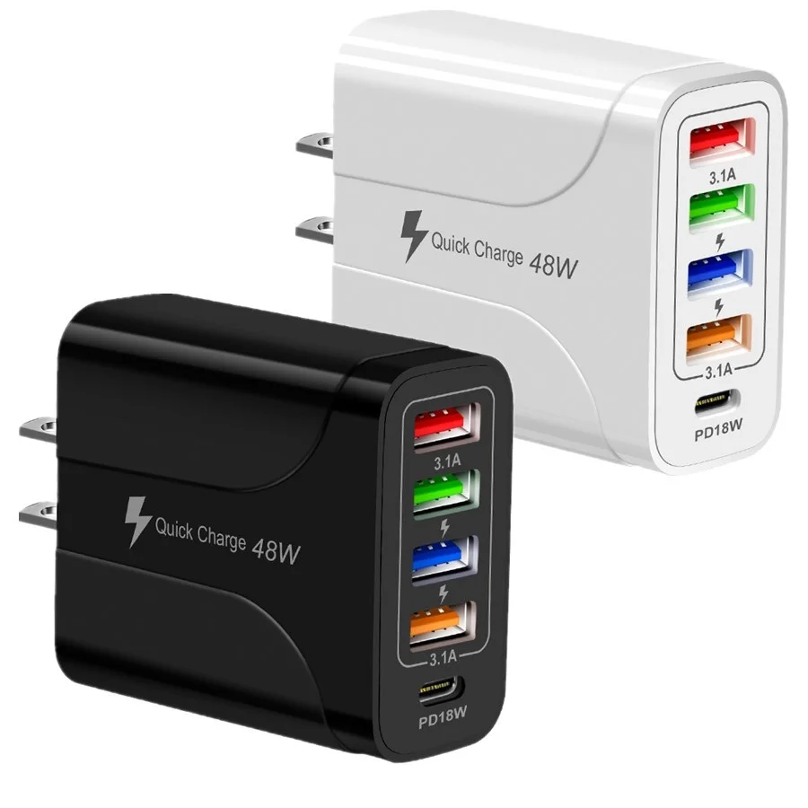 

100pcs Fast Quick Charging 48W 5Ports PD Wall Charger Portable AC Home Travel Power Adapter For Iphone 12 13 Samsung htc huawei
