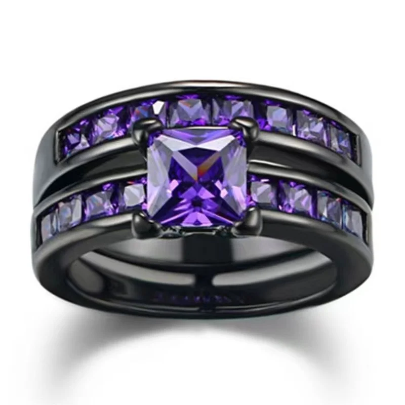 

Classic Women's Black Moissanite Lucky Double Ring Set Luxury Inlaid Purple Crystal Engagement Wedding Ring Anillo De Mujer