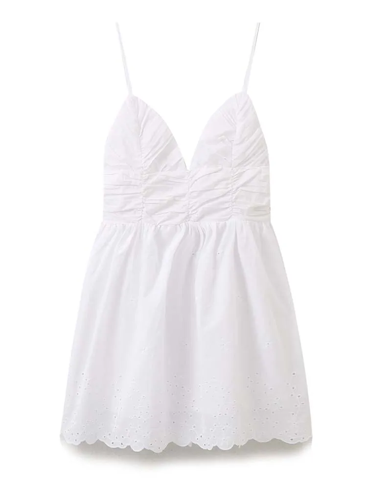 Платье-мини Плиссированное с вышивкой и V-образным вырезом