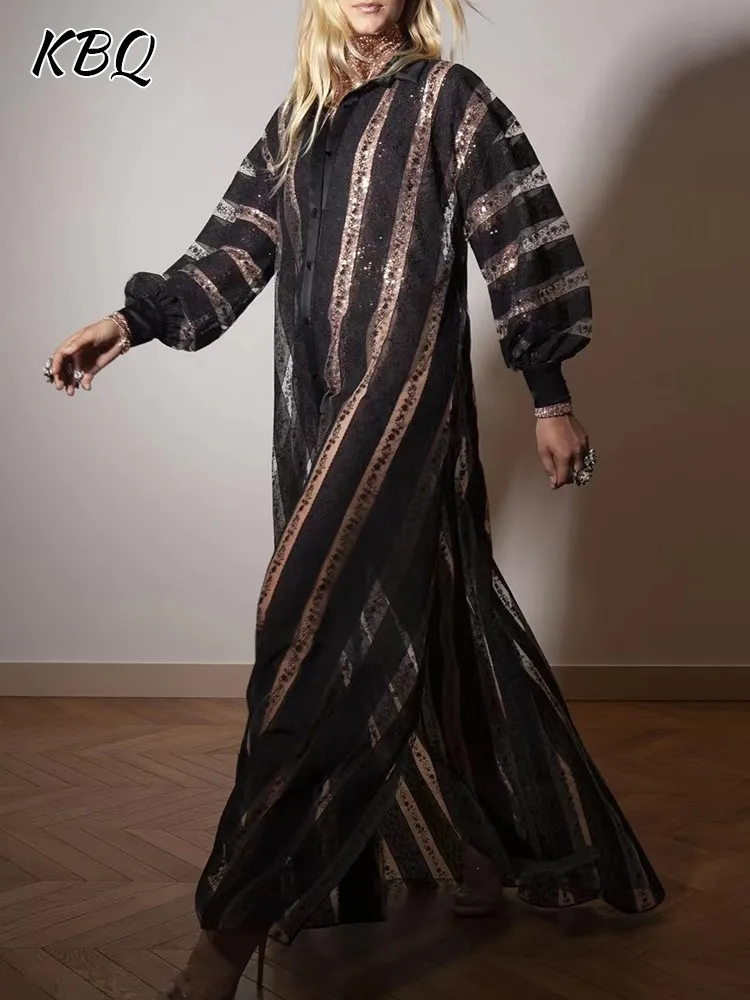 

KBQ Hook Flower Hollow Spliced Lace Up Dress For Women Lapel Lantern Sleeve High Waist Single Breasted Elegant Dresses Female