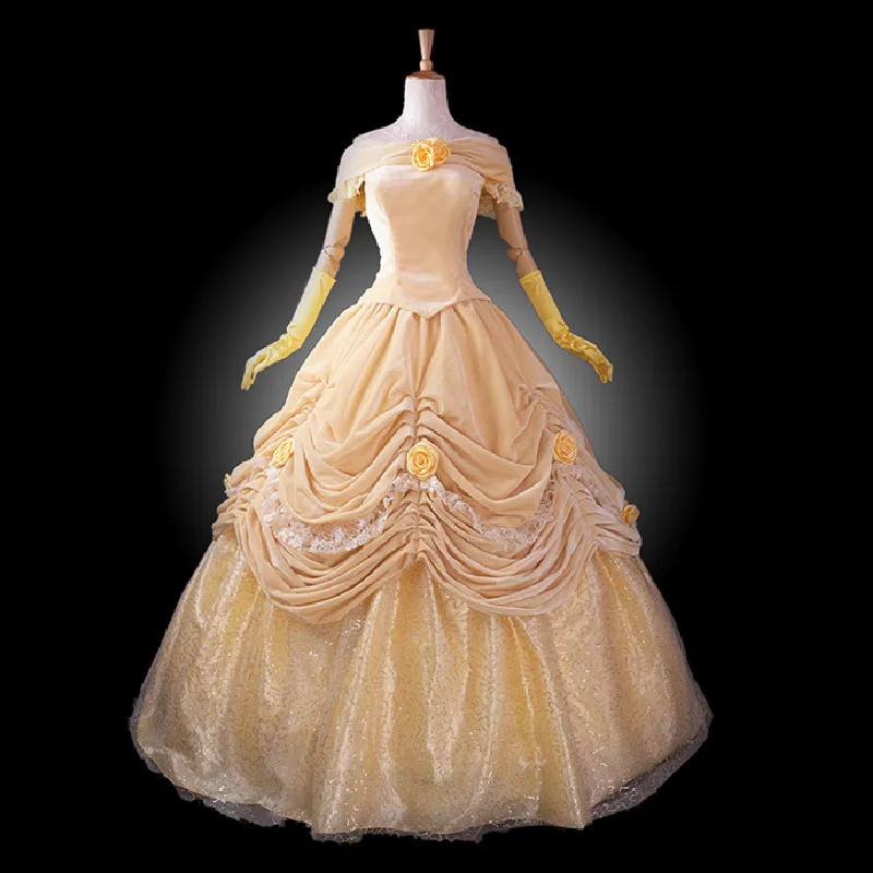 

Belle Cosplay Costume Princess Yellow Dress golden ball gown For Adult plus size Women Fancy Halloween Party Dresses