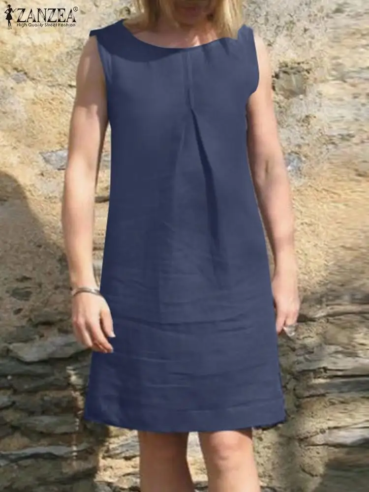 

ZANZEA Femme Casual Sleeveless Dress Holiday Vestidos Elegant Party Sundress Woman Summer O-Neck Solid Color Knee Length Dresses