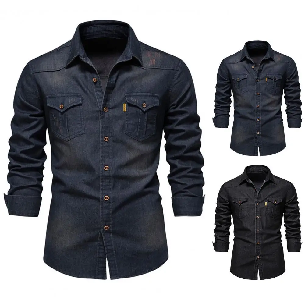 

Stylish Men Denim Shirt Solid Color Multi Pockets Spring Summer Flap Pocket Buttons Denim Shirt