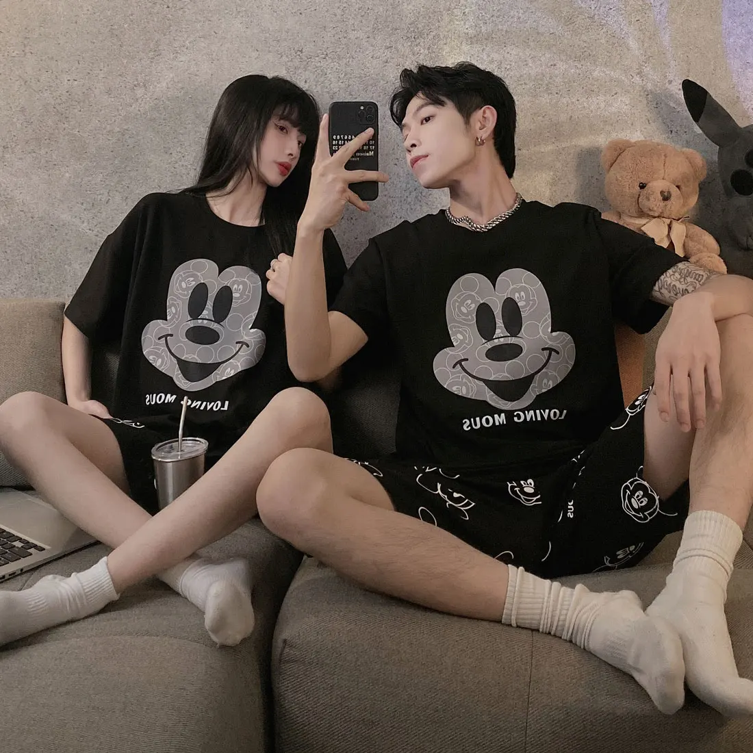 Disney Mickey Mouse Summer Couples Sleepwear Cotton High Quality Tshirt Top and Loose Shorts Men Women's Pajamas Set Dark Styles