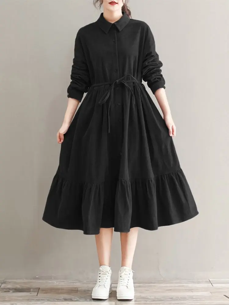 

2022 Autumn Women Sundress ZANZEA Vintage Corduroy Shirt Dress Casual Long Sleeve Ruffle Dresses Vestido Female Button Midi Robe