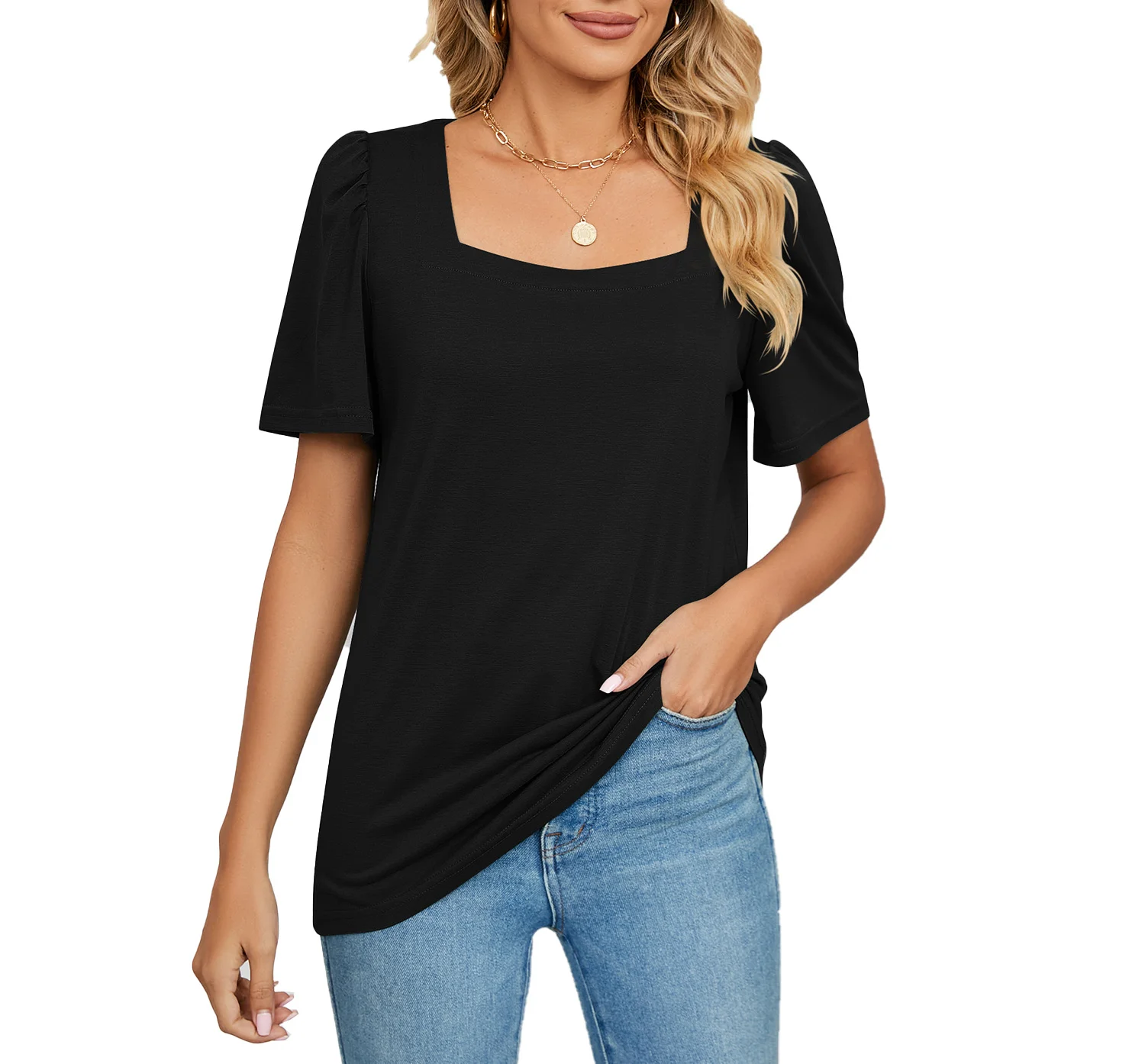 

Women's Shirt Spring and Summer New Solid Color Square Collar Short-sleeved Loose T-shirt Tops Female