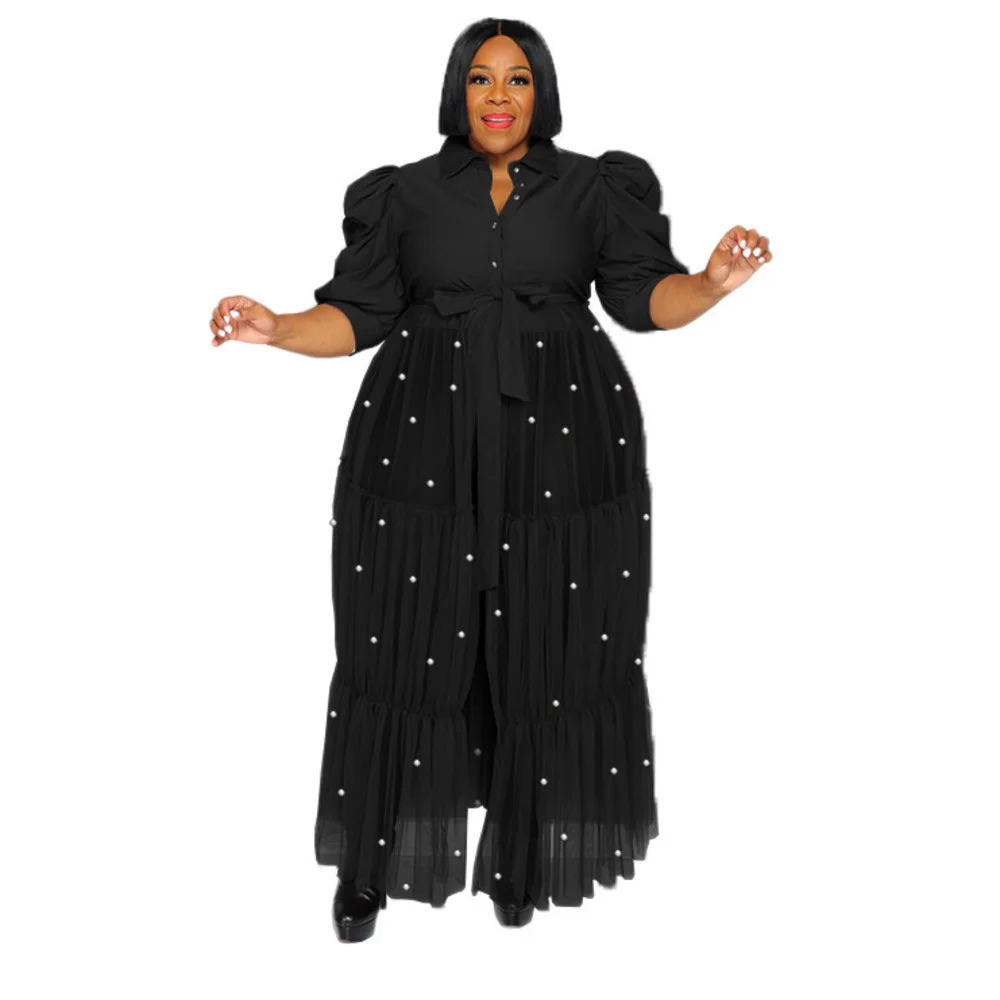 Plus Size Women Casual Dress Fashion Pearls Turn Down Neck Short Sleeves Ladies Shirt Dresses with Beading 3xl 4xl 5xl 6xl