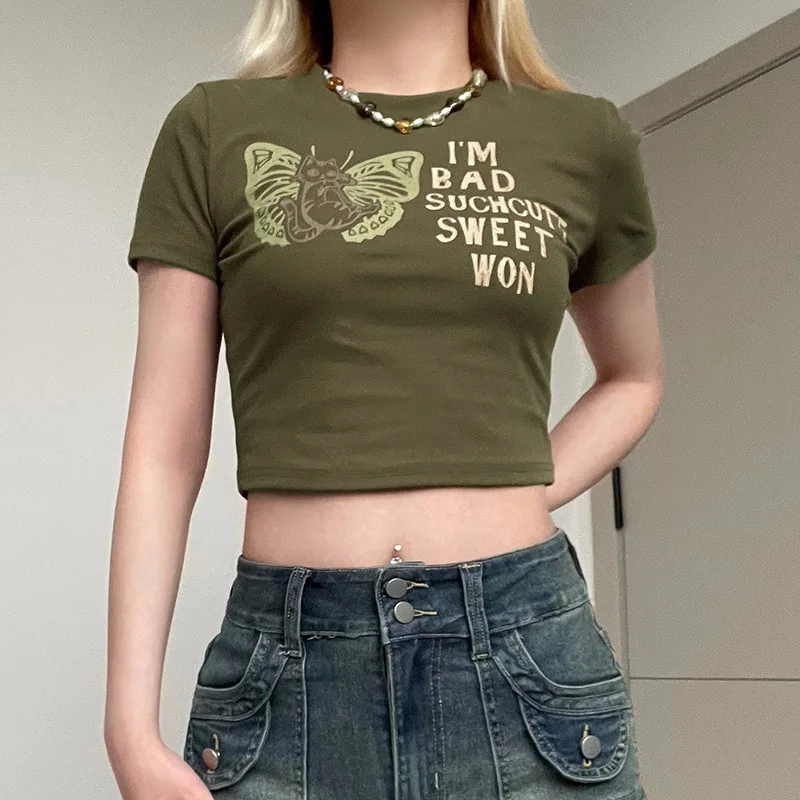 

Summer Women's Tee Letters Butterfly Print Contrast Color Girl Fashion Slim O-neck Casual Crop Top Skinny Short T-shirt S M L