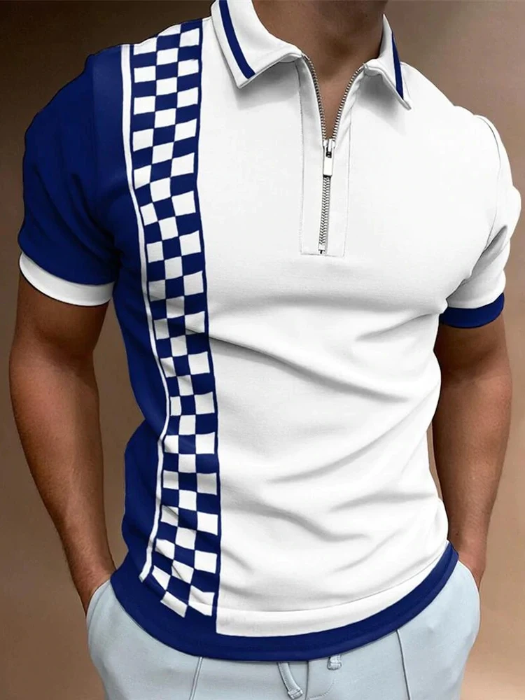 Купи Luxury Men's Matching Clothing Polo Shirts Golf Wear Casual Plaid Short Sleeve Tee Men Turn-Down Collar Zipper Polo Shirt Tops за 396 рублей в магазине AliExpress