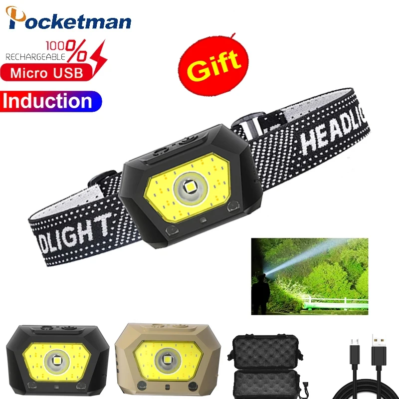 

Фонарь налобный светодиодный с датчиком и зарядкой от USB, 5 режимов