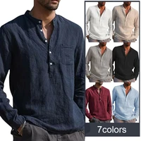 summer men cotton linen blouse casual solid color long sleeve blouse v neck shirts holiday shirts tops