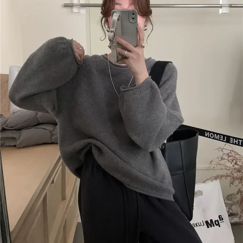 Вязаный пуловер с длинными рукавами женский серый свободный свитер круглым