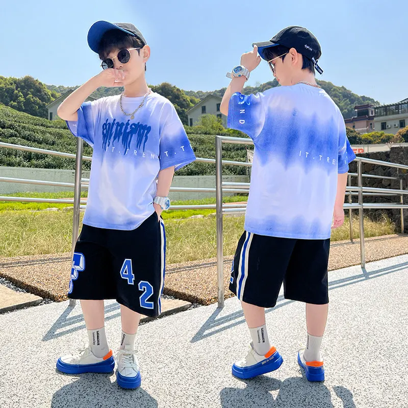 Big Boys Summer Tie-Dye Clothing Suits 4-14 Years Kids Teenager Cotton Letter Print Short Sleeve Tshirts+Shorts 2PC Clothes Sets