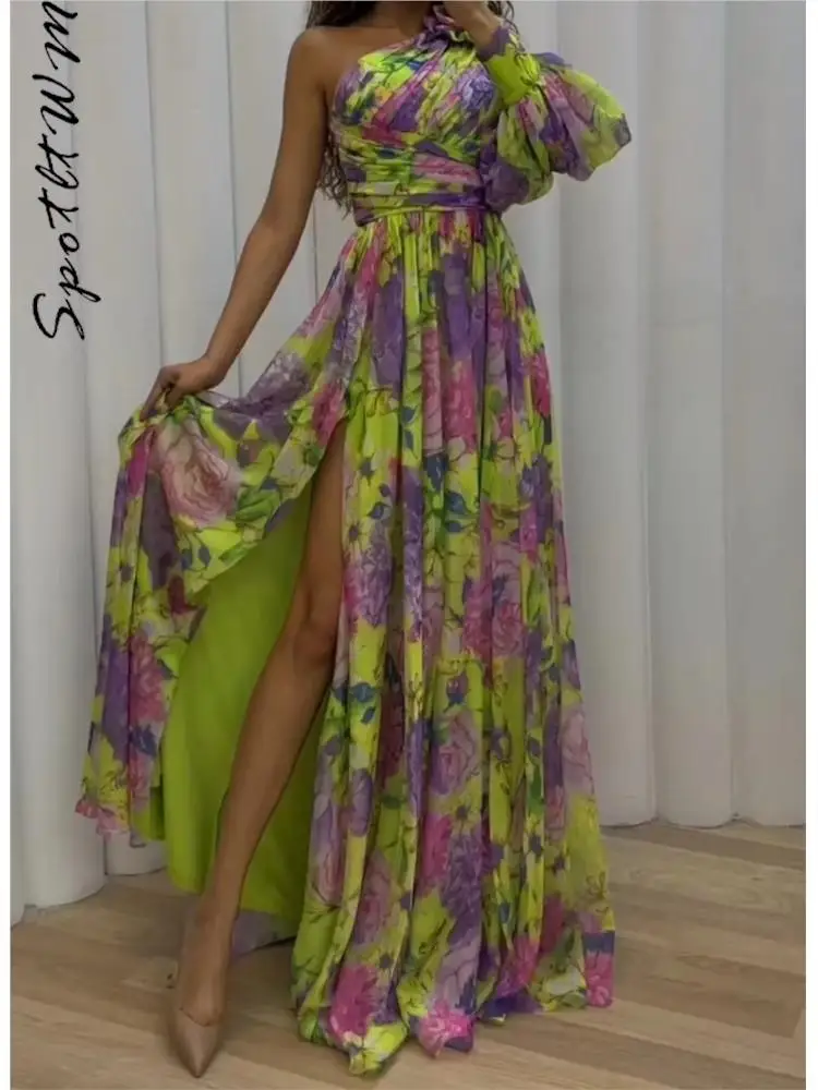 

Элегантное платье на одно плечо с цветочным принтом, женские плиссированные платья с диагональным воротником и высоким разрезом, модные женские ночные халаты 2023