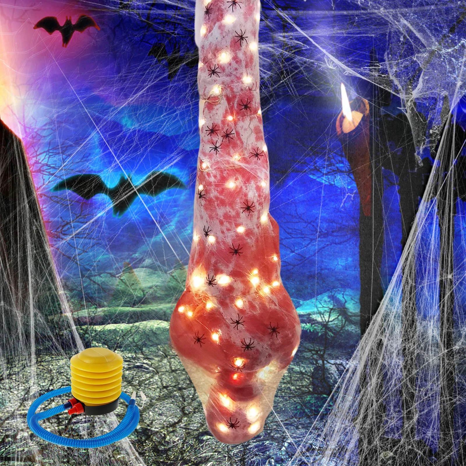 

Halloween Decorations Dead Victim Props Scary Halloween Dead Body Props with Spider Webs LED Light Strig Remote Air Pump Rope