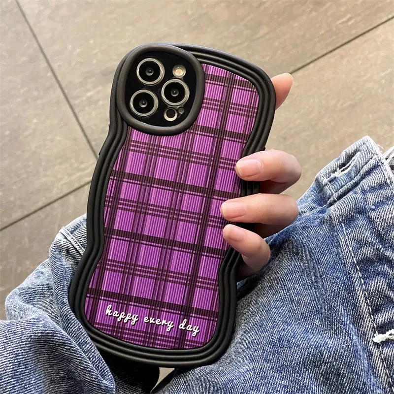 

Wavy Pattern Purple Checked Grain Girl Phone Cover Case For Iphone 14 13 12 11 Pro Xs Max X Xr Luxury Pu Leather Coque Fundas