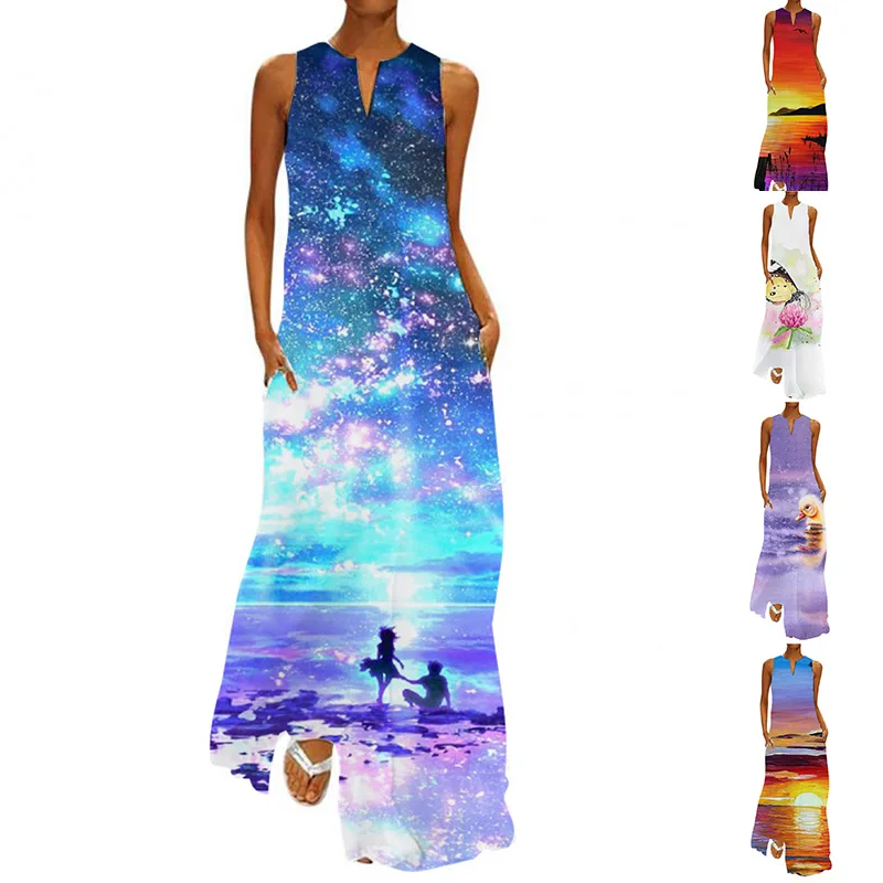

Summer Ladies New Printing Sleeveless Long Dress Ladies Casual Loose Hem Beach Maxi Dress Women Sexy V Neck Slim Party Dress