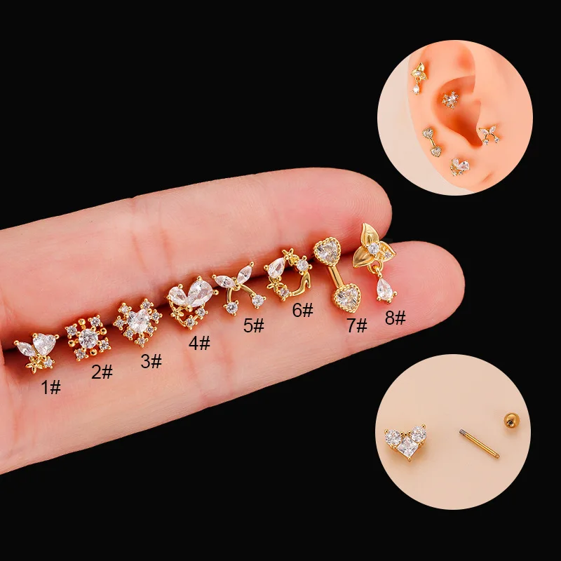 

20G Piercing Stainless Steel Cartilage Tragus Stud Earring Bowknot Heart-Shaped Zircon Conch Lobe Stud Ear Cuff Women's Jewelry