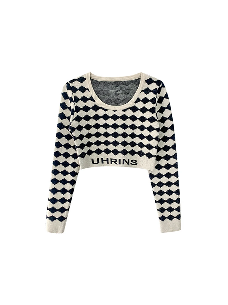

Women Contrast Color Rhombus Plaid Crop Pullover Crew-neck Long Sleeve Sweater Female Retro Slim Knitwear French Style Elegance