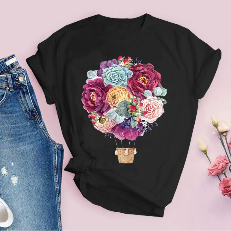 

Women T shirt Flower hot air balloon Fashion Aesthetic Lady Tshirt Tops Printed Camisas Mujer Clothes Tee Shirt Ladies T-shirt
