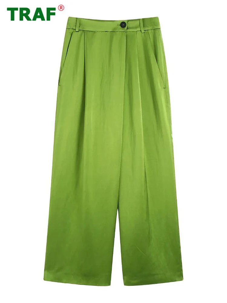 

TRAF Green Women Pants High Waist Satin Pareo Woman Trousers Summer Casual Wide Leg Pants for Women Streetwear Oversized Pants
