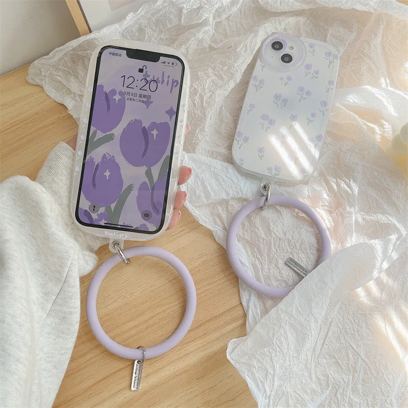 

Purple Tulip Phone Case With Hand Ring For iPhone 11 12 13 Pro Max XS XR X Phone Back Protective Cover Shock Proof