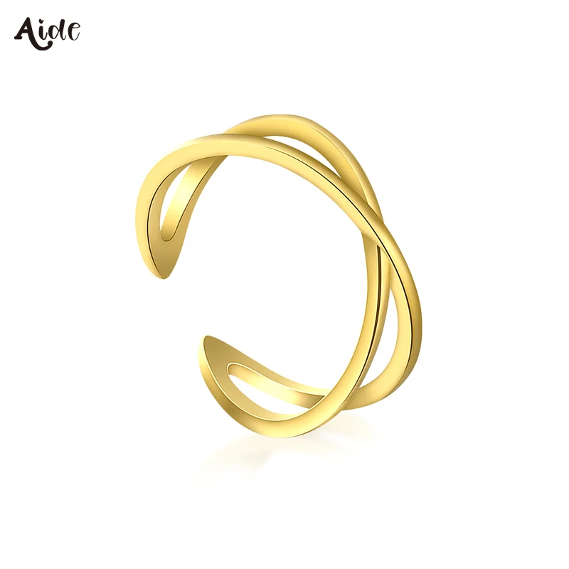 Aide Presale Solid Gold Jewelry 9K/10K/14K/18K/24K Gold Adjustable Rings For Women Double Layer Simple Cross Slim Opening Rings