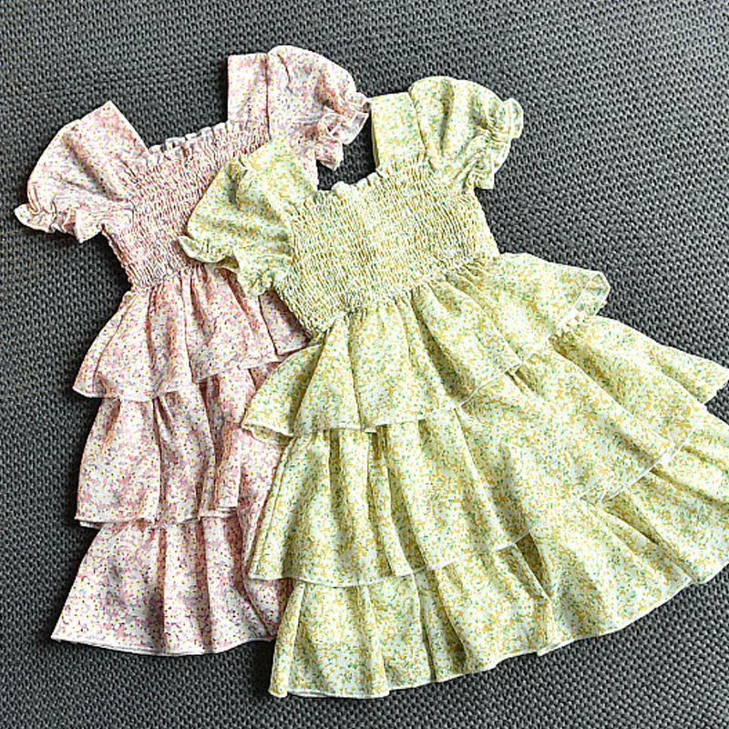 

2023 Girls Dress Summer Puff-Sleeve Floarl Printed Princess Cake Dress Toddler Kids Clothes Vestido Tul Niña