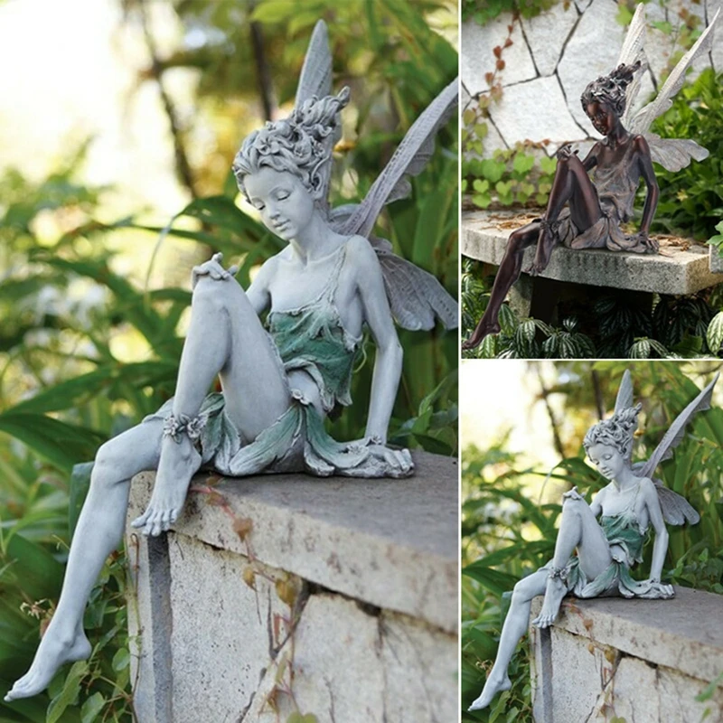 

Flower Fairy Sculpture Garden Landscaping Yard Art Ornament Resin Turek Sitting Statue Outdoor Angel Figurines Craft Decoration