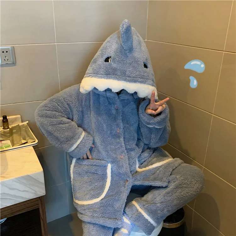 Women Pajamas 2022 Winter Japanese Sweet Temperament Kawaii Style Cute Cartoon Shark Hooded Coral Velvet Home Wear Suit