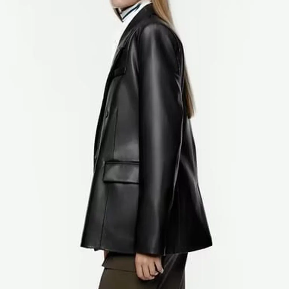 Fall new fashion women's handsome versatile lapel long sleeve double-breasted black imitation leather blazer