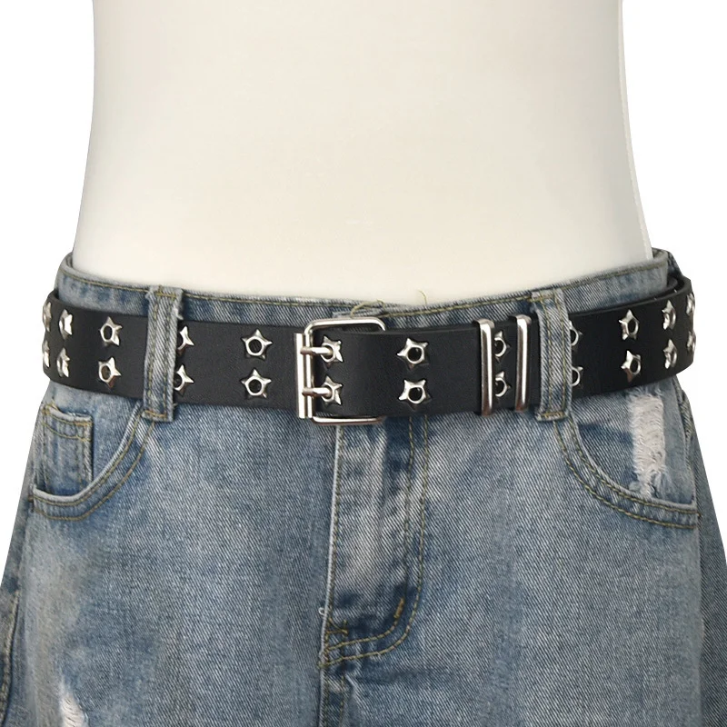 y2k Women Star Eye Rivet Belt Double Row Hole Belt Punk Waist Strap Hollow Out PU Leather Jeans Decorative Fashion Waisand