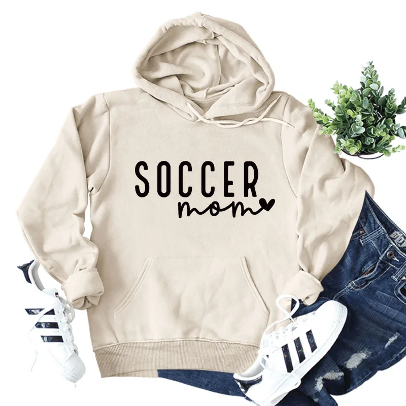 

SOCCER MOM Love Letter Print Ladies Casual Loose Long-sleeved Hooded Sweatshirt Simple Fashion Autumn and Winter