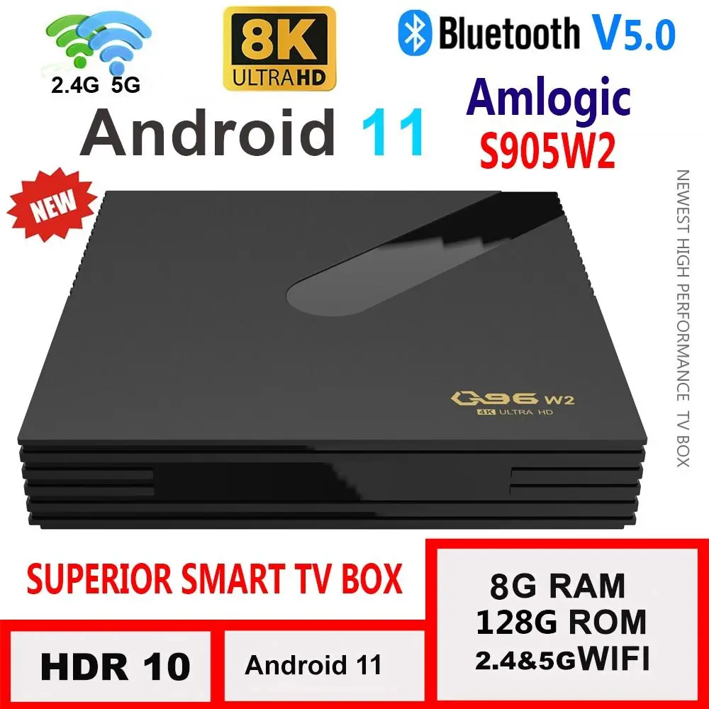 

Q96 W2 Quad Core 8K HDR Bluetooth 5.0 2.4/5G Dual WIFI Smart TV Box Amlogic S905W2 8GB+128GB Android 11.0 Set Top Box