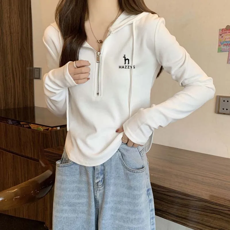 HAZZYS Women For Wear Slim Fit Hoodie Sweater Pullover Lapel Zipper Long Sleeve Female Spring Chic Tops For Golf Casual Solid