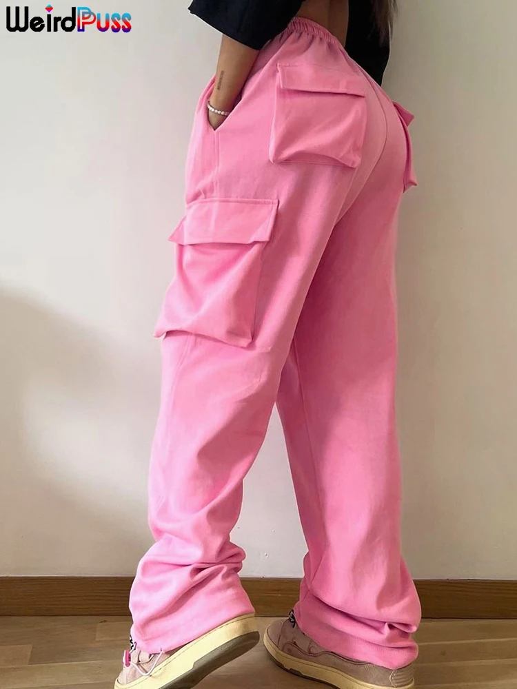 

Weird Puss Multi-Pockets Women Cargo Pants High Elastic Waist Draw String Oversized Streetwear Vintage Y2K Hip Hop Trend Bottoms