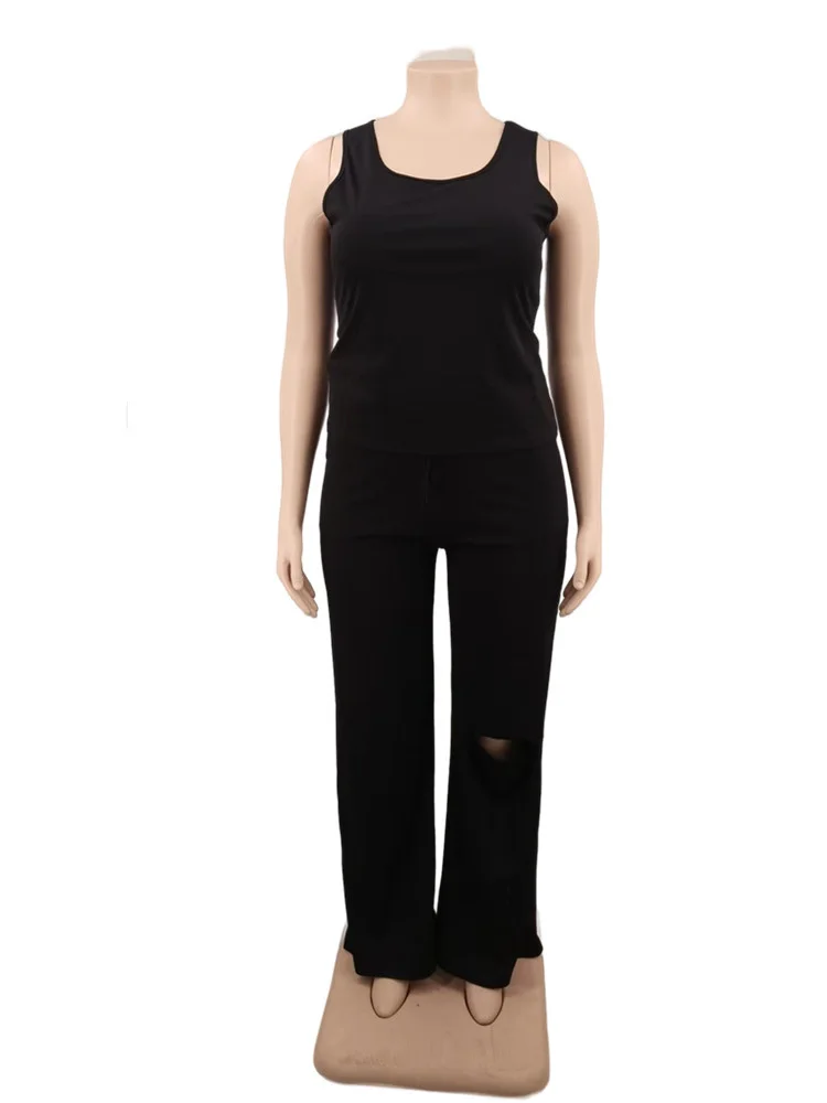 Plus Size Two Piece Set Women Summer Solid Shirts Vest Pants Holes Pockets Fashion Matching Suit Track 3xl 4xl 5xl 6xl