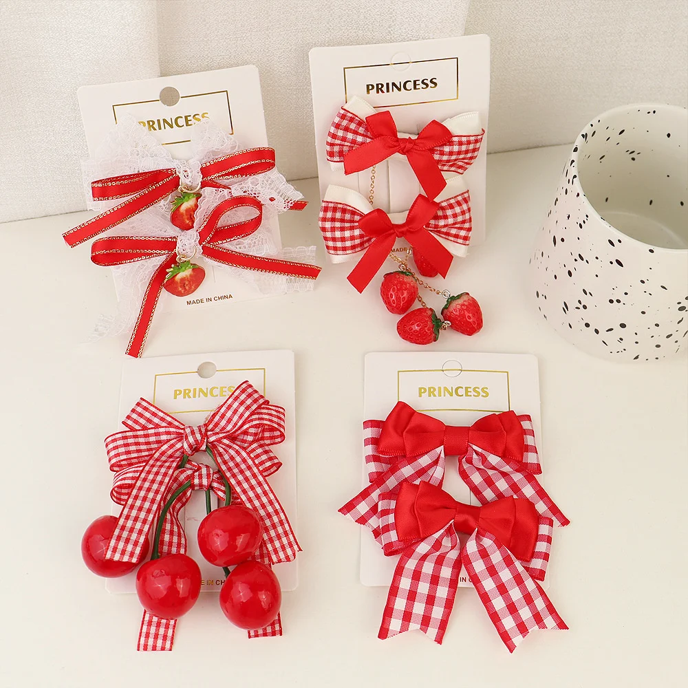 

2PCS Set Red Lace Plaid Cloth Cute Kawaii Bow Hair Clips For Girl Children Strawberry Cherry Lolita Hairpin Fashion Accessories