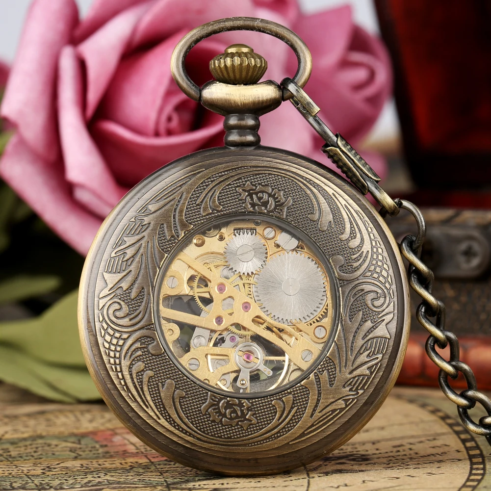 Hand Winding Mechanical Pocket Watch Arabic Numerals Dial Vintage Skeleton Chinese Knot Manual Men Clock Bronze Fob Chain