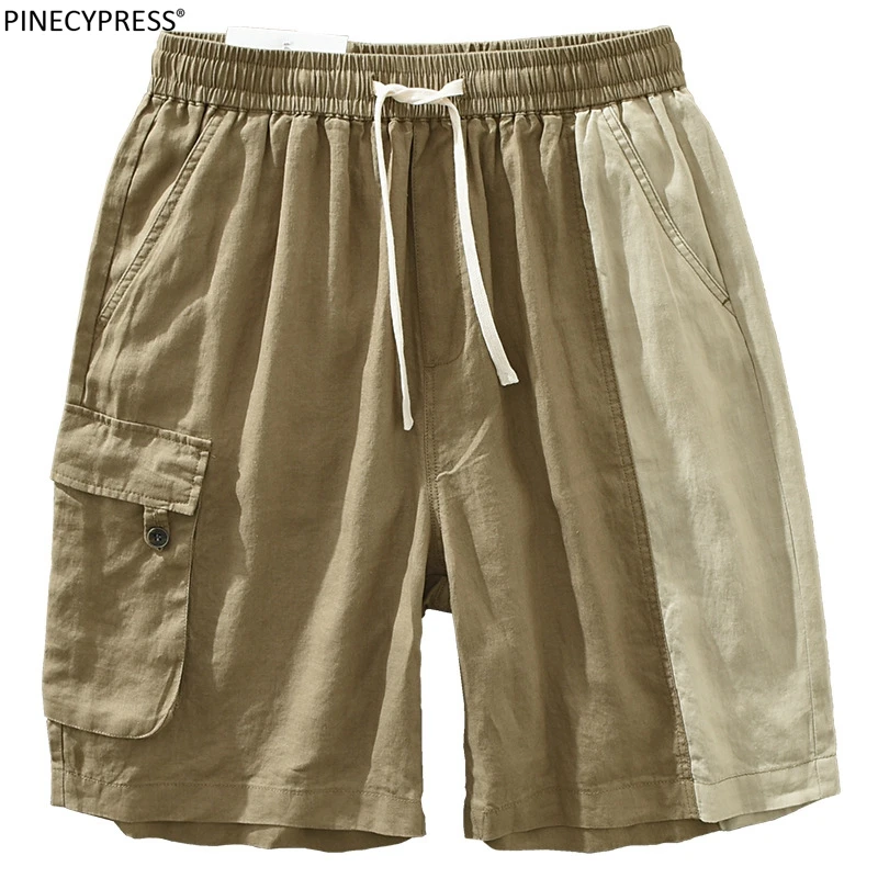 

100% Linen Breathable Anti-pilling Summer Fashion Male Patchwork Pockets Elastic Waist Knee Length Beach Men Shorts