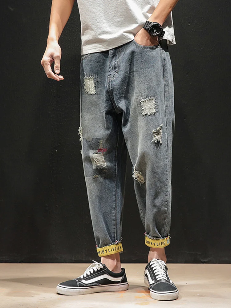 

Beggar Ripped Jeans Men's Large Size Spring and Autumn Youth Hemming Pencil Pants Japanese Fashion Brand Cropped Harem Pants